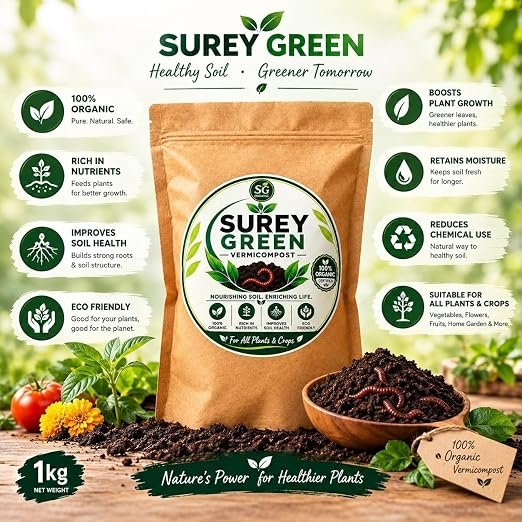 Surey Green Vermicompost 1 kg pack with product details and garden plants